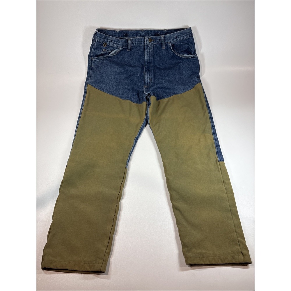 Vintage Wrangler Jeans Mens 42x32 Rugged Wear Blue Denim & Tan Canvas Made‎ USA